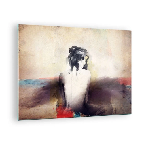 Glastavla - Bild på glas - Ett subtilt porträtt av en kvinna mot en pastellfärgad landskapsbakgrund. - 70x50cm - Moderata linjer, ovala former - Modern väggdekoration för vardagsrum och sovrum ARTTOR