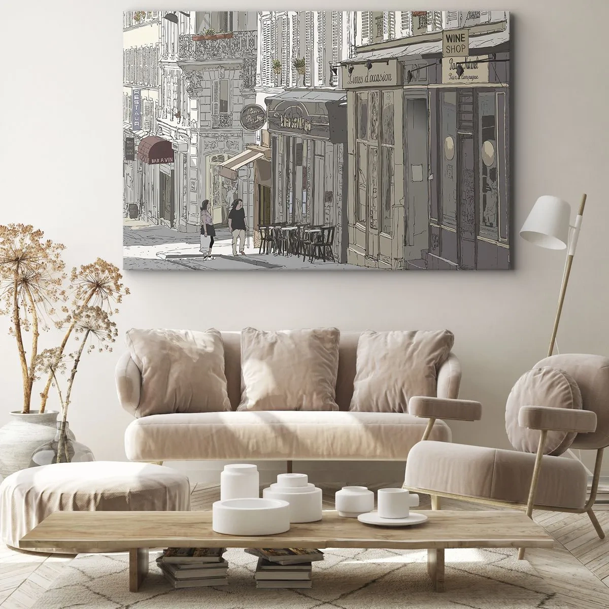Canvastavla - Bild på duk - Illustration av en stadsgata med kaféer och butiker - 70x50cm - Stadens nöjen - Modern väggdekoration för vardagsrum och sovrum ARTTOR