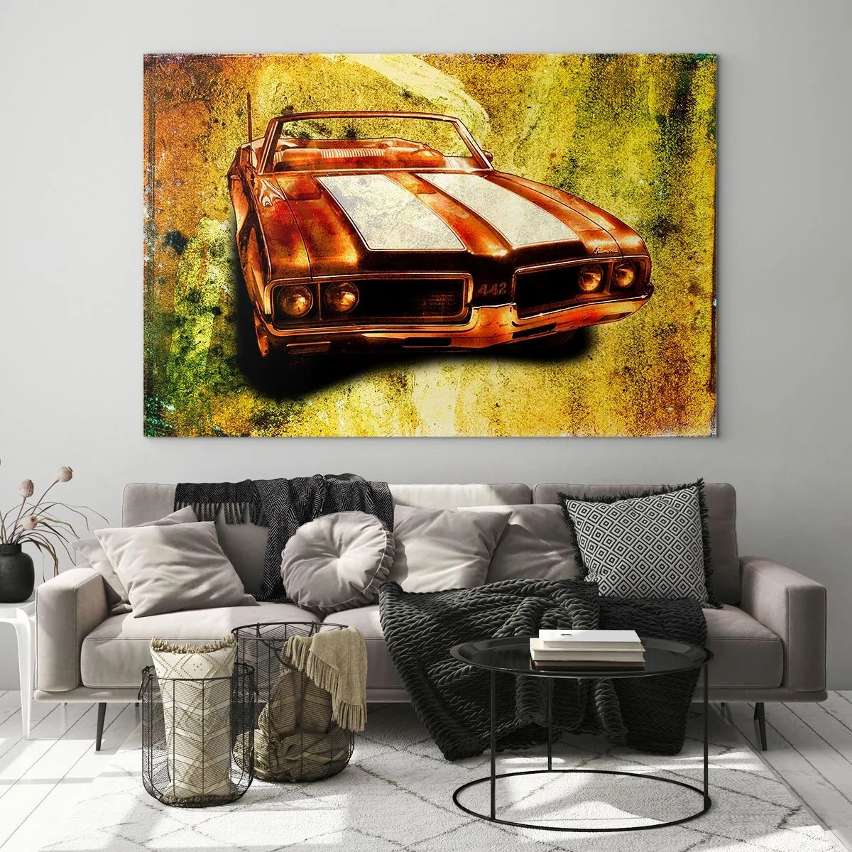 Glastavla - Bild på glas - En vintage sportcabriolet mot en konstnärlig bakgrund - 70x50cm - Kraft förtrollad i formerna - Modern väggdekoration för vardagsrum och sovrum ARTTOR