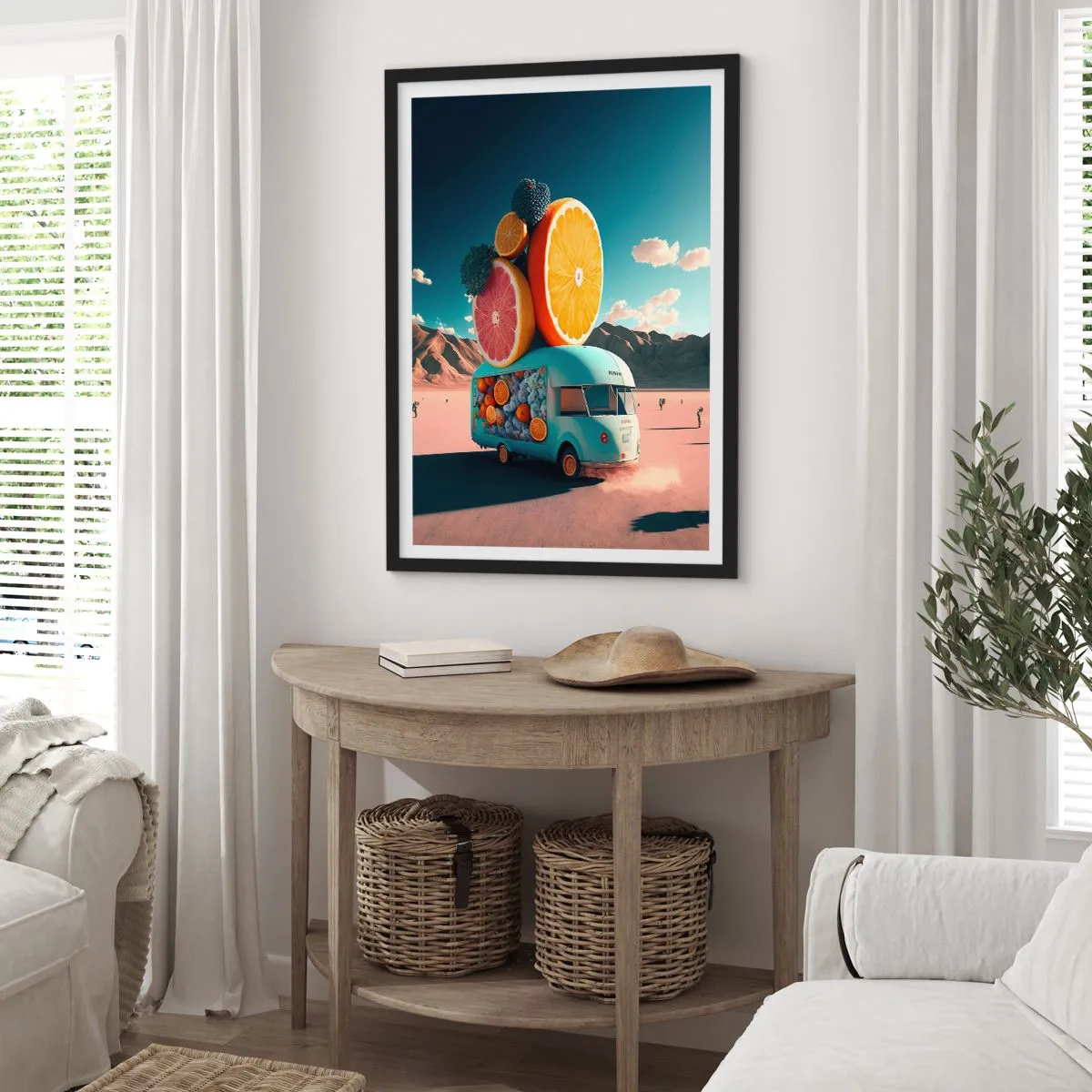 Affisch i svart ram - Fin fruktlastbil i öknen - 50x70cm - En smak av semester - Modern väggdekoration för vardagsrum och sovrum ARTTOR