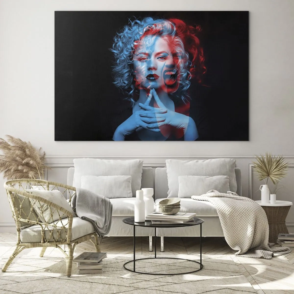 Glastavla - Bild på glas - Porträtt av en kvinna med färgskiftningseffekt, i blå och röda toner - 70x50cm - Alter ego - Modern väggdekoration för vardagsrum och sovrum ARTTOR