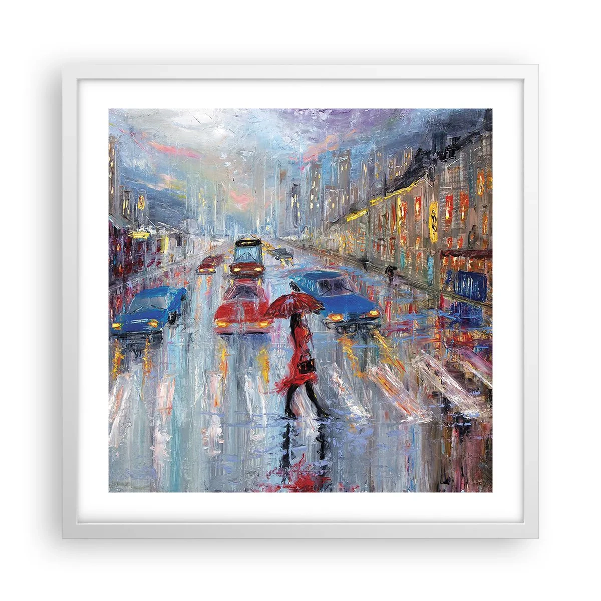Affisch i vit ram - Regnig eftermiddag i staden - 50x50 cm