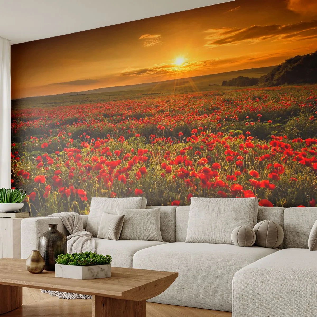 Självhäftande Fototapet Deluxe Sticker - Bland brusande ängars vågor, bland blommornas flod - Landskap, Blommor, Vallmo - 250x175 cm
