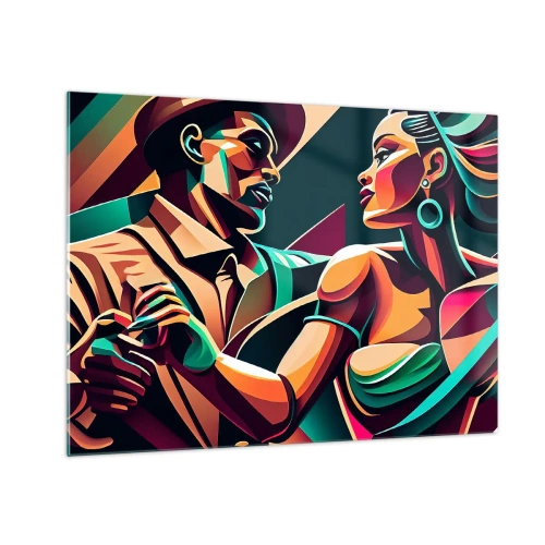 Glastavla - Bild på glas - Ett färgstarkt par som dansar i art déco-stil med dynamiskt uttryck. - 70x50cm - I hjärtats rytm - Modern väggdekoration för vardagsrum och sovrum ARTTOR