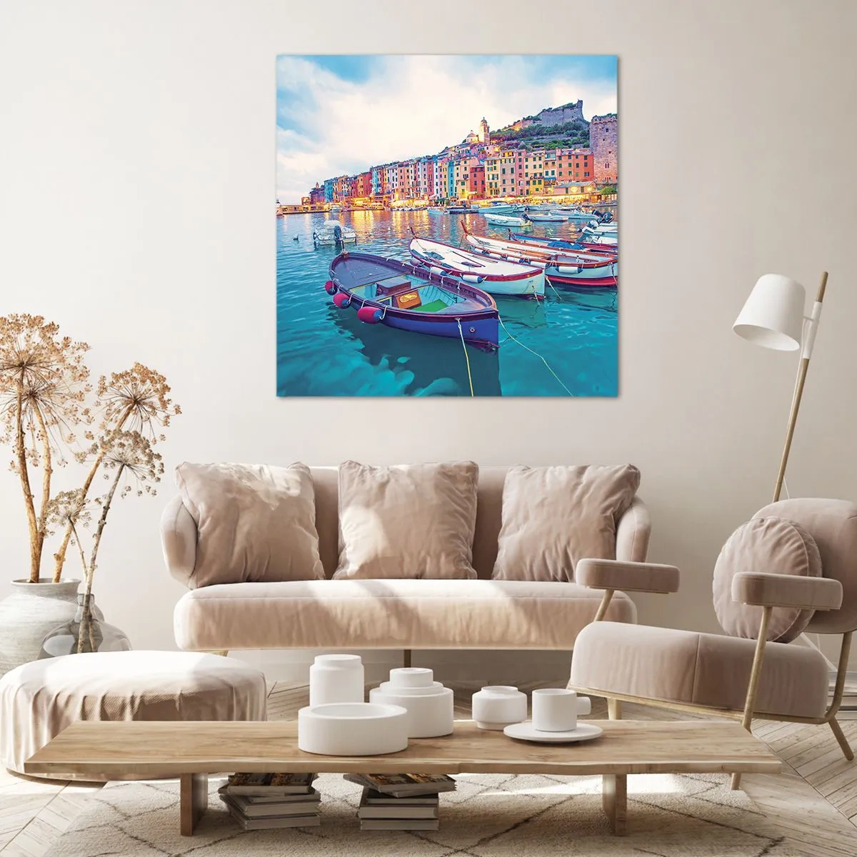 Canvastavla - Bild på duk - Färgglad kväll i hamnen - 30x30 cm