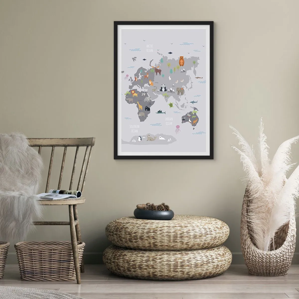 Affisch i svart ram - Världskarta med färgglada djur för barn - 50x70cm - Säg varifrån du är... - Modern väggdekoration för vardagsrum och sovrum ARTTOR