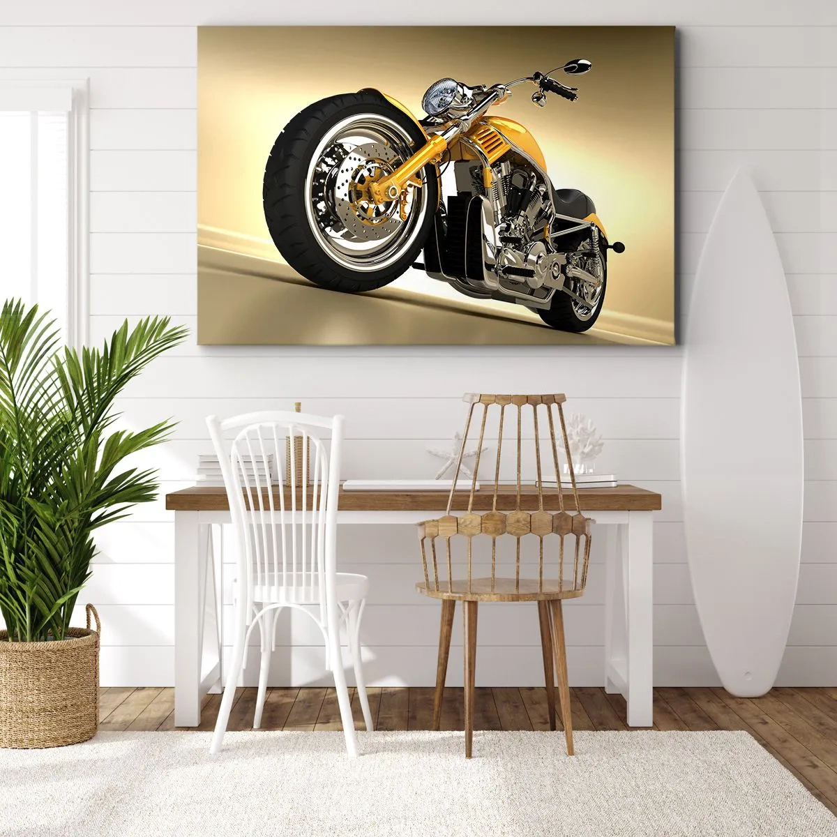 Canvastavla - Bild på duk - En gul chopper-liknande motorcykel mot en beige vägg - 70x50cm - En dröm om styrka och skönhet - Modern väggdekoration för vardagsrum och sovrum ARTTOR