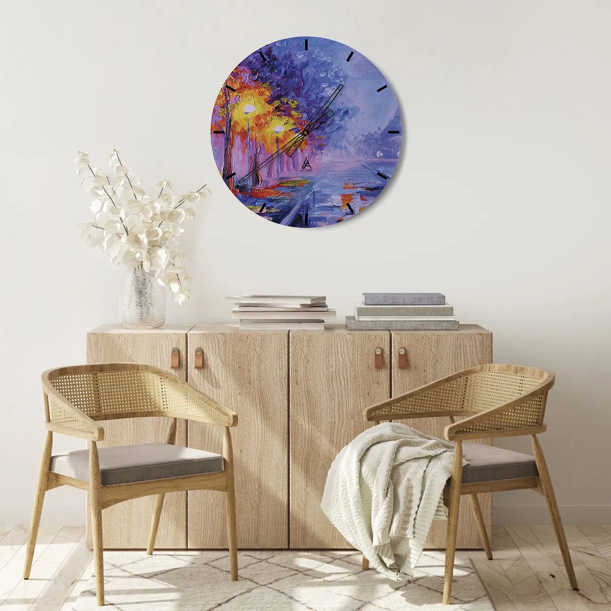 Väggklocka - Klocka på glas - Impressionistiskt landskap med lampor och färgglada träd - 30x30cm - Drömpromenad - Modern väggdekoration för vardagsrum, kök och sovrum ARTTOR