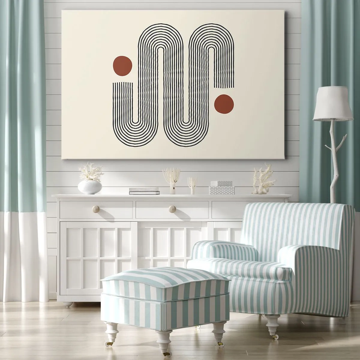 Canvastavla - Bild på duk - Geometriskt mönster med linjer och orangea cirklar - 70x50cm - från början till slutet - Modern väggdekoration för vardagsrum och sovrum ARTTOR