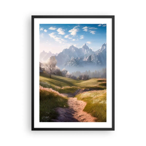 Affisch i svart ram - En bergsstig som leder genom en grön dal vid soluppgången - 50x70cm - Idyllisk dal - Modern väggdekoration för vardagsrum och sovrum ARTTOR