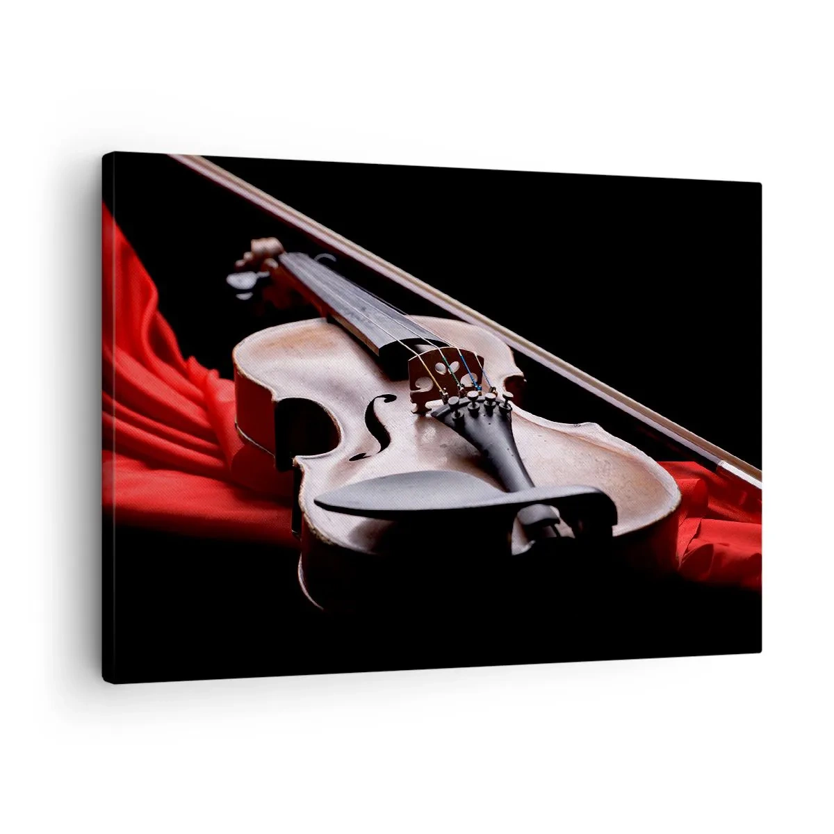 Canvastavla - Bild på duk - Fiol på rött tyg med svart bakgrund - 70x50cm - Känslornas musik - Modern väggdekoration för vardagsrum och sovrum ARTTOR