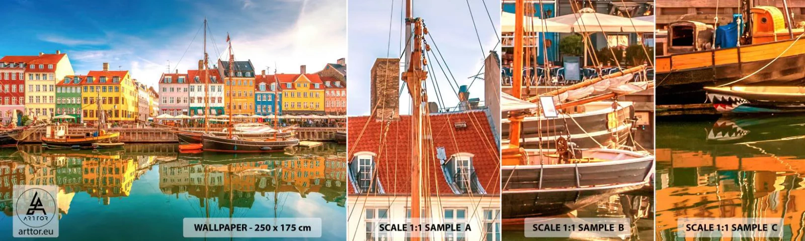 Provbit av självhäftande fototapet Deluxe Sticker - Vid spegelklart vatten - Landskap, Arkitektur, köpenhamn - 100x30 cm