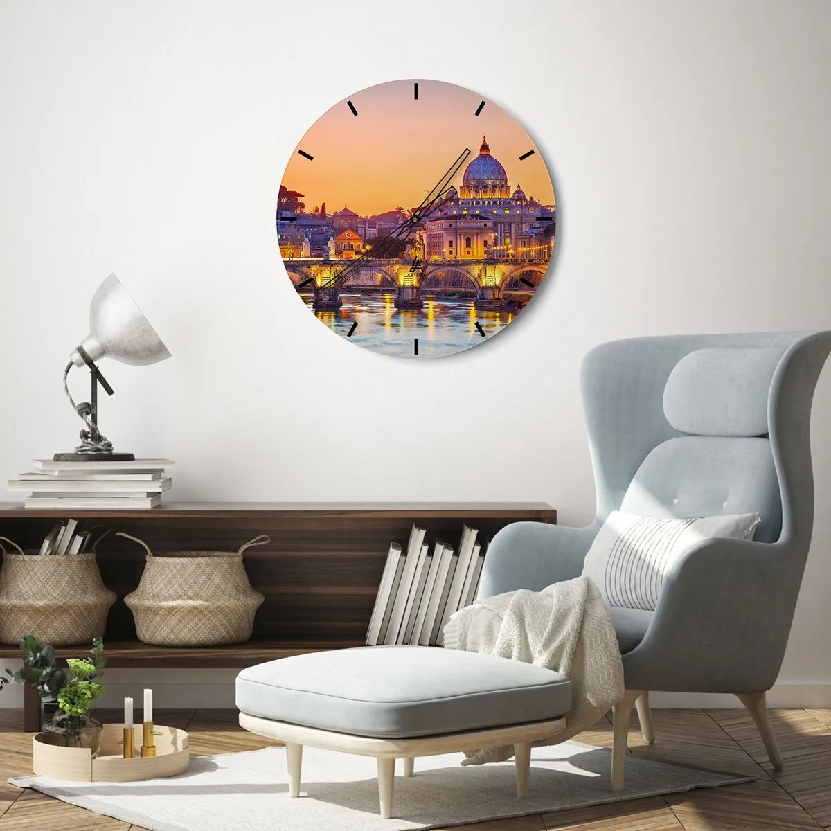 Väggklocka - Klocka på glas - Solnedgången över Den eviga staden - 40x40 cm