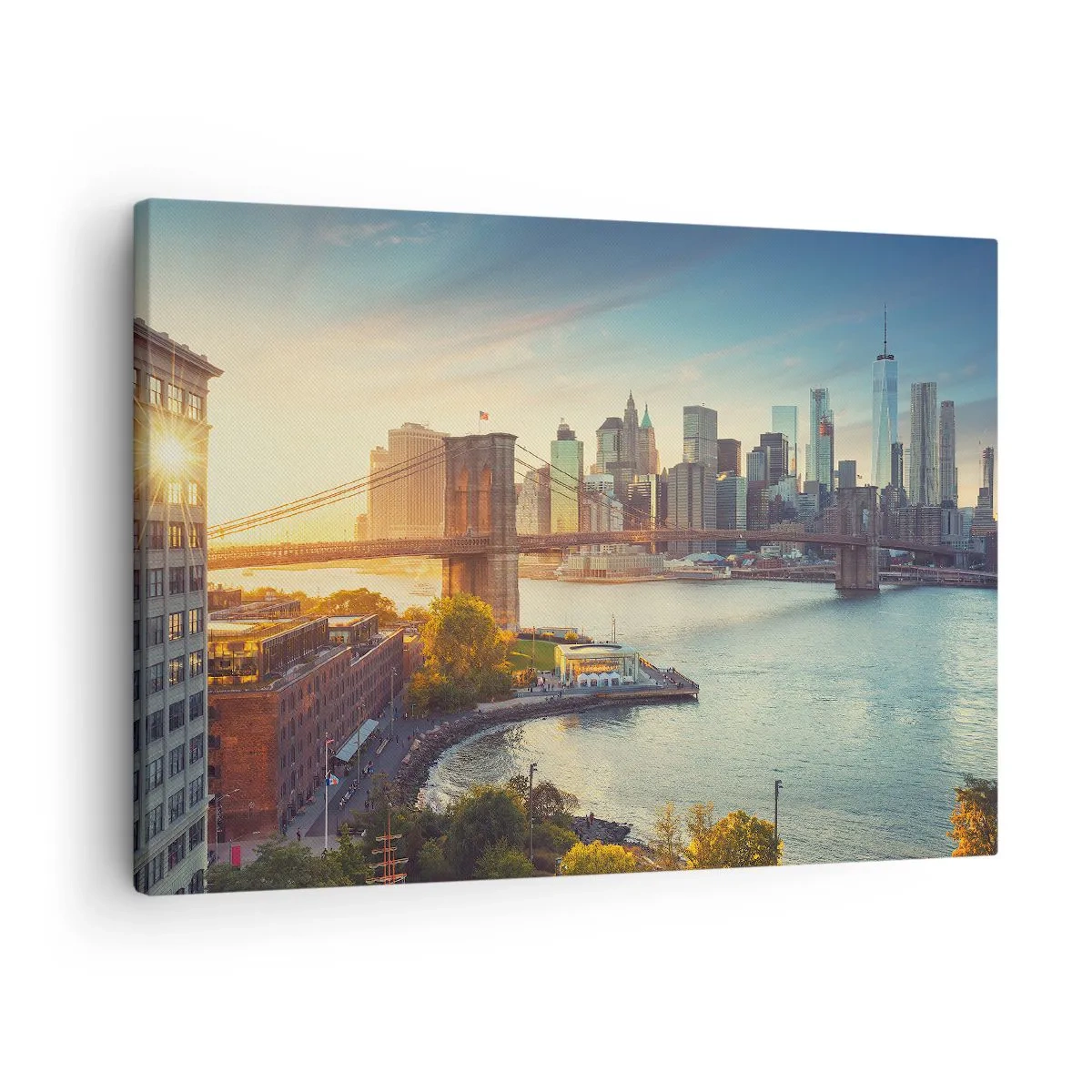 Canvastavla - Bild på duk - Panorama över staden med bron vid solnedgången - 70x50cm - Storstadsgryning - Modern väggdekoration för vardagsrum och sovrum ARTTOR