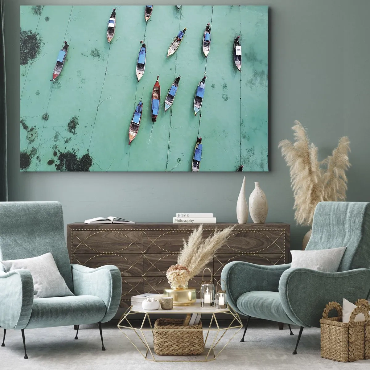 Canvastavla - Bild på duk - Fågelperspektiv på båtar på turkost vatten - 70x50cm - Under en glad väntan - Modern väggdekoration för vardagsrum och sovrum ARTTOR