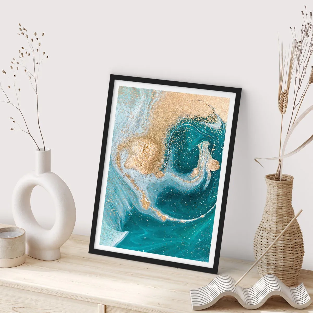 Affisch i svart ram - Guld- och turkosvirvel - 30x40 cm