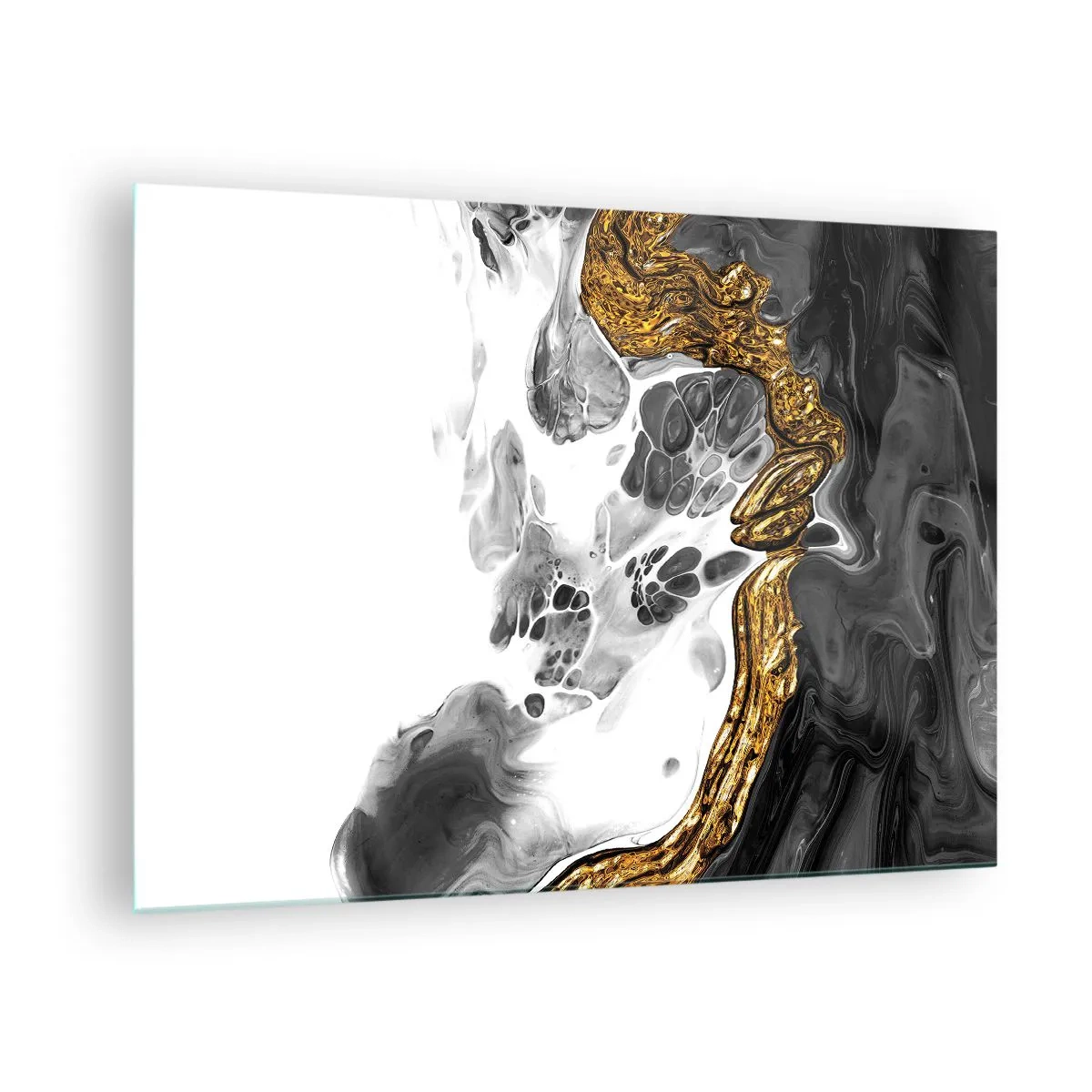 Glastavla - Bild på glas - Abstrakt komposition av svart, vitt och guld - 70x50cm - Organisk komposition - Modern väggdekoration för vardagsrum och sovrum ARTTOR