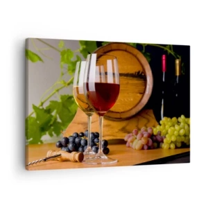 Canvastavla - Bild på duk - Glas vin med druvor, ett fat och flaskor på ett träbord - 70x50cm - Som hos gamla mästare - Modern väggdekoration för vardagsrum och sovrum ARTTOR