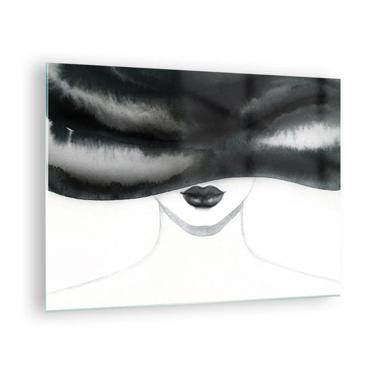 Glastavla - Bild på glas - Mystiskt ansikte med täckta ögon i svartvit akvarell - 70x50cm - Sensuell hemlighet - Modern väggdekoration för vardagsrum och sovrum ARTTOR
