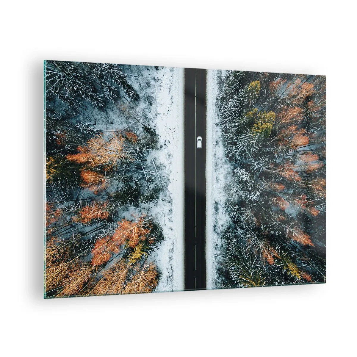 Glastavla - Bild på glas - En vinterväg genom en snötäckt skog med färgglada träd - 70x50cm - Genom vinterskogen - Modern väggdekoration för vardagsrum och sovrum ARTTOR