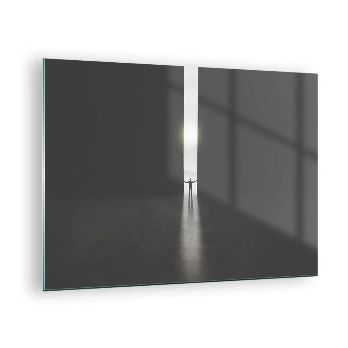 Glastavla - Bild på glas - Silhuetten av en man som öppnar en dörr mot ett starkt ljus - 70x50cm - Ett steg mot den ljusa framtiden - Modern väggdekoration för vardagsrum och sovrum ARTTOR