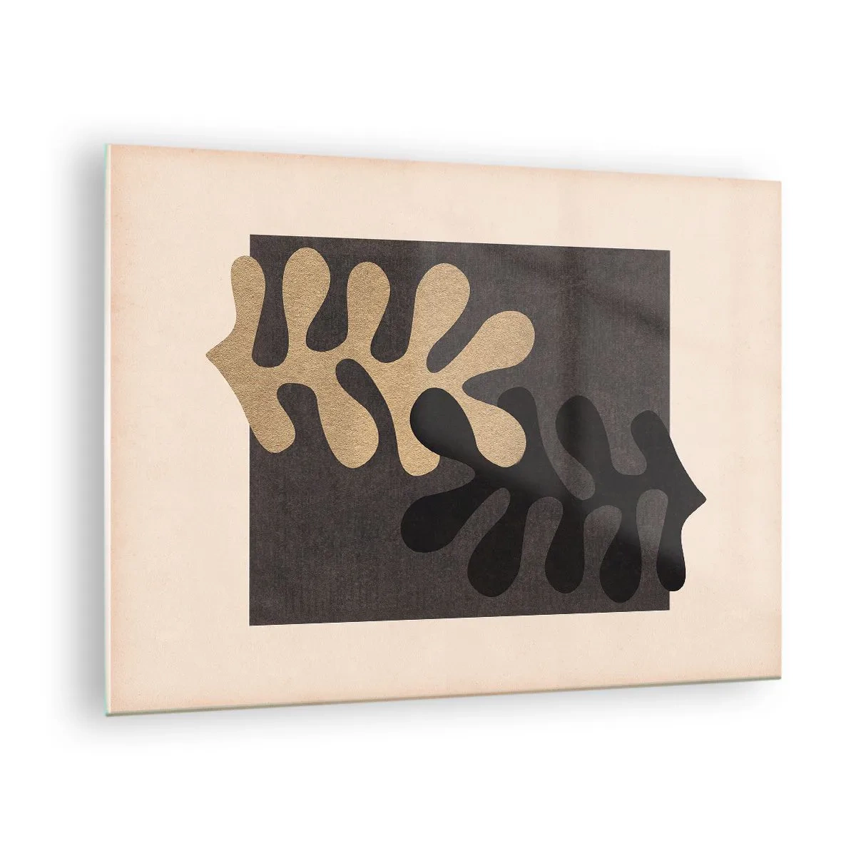 Glastavla - Bild på glas - Abstrakta former i svart och beige på en geometrisk bakgrund - 70x50cm - Brist och komplettering - Modern väggdekoration för vardagsrum och sovrum ARTTOR