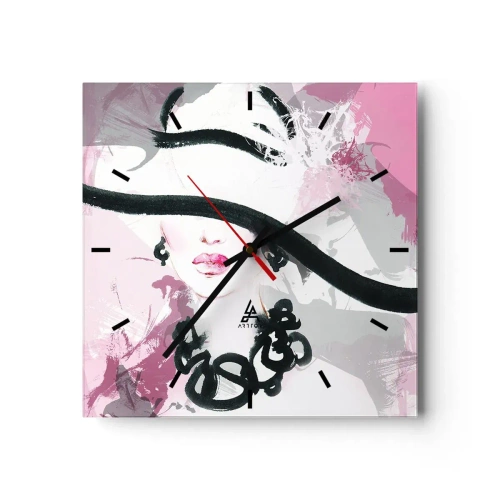 Väggklocka - Klocka på glas - En damportätt i svart och rosa - 40x40 cm