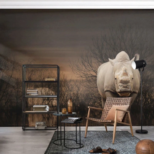 Fototapet Premium Canvas - Vit mot naturen - Noshörning, Djur, Afrika - 450x315 cm