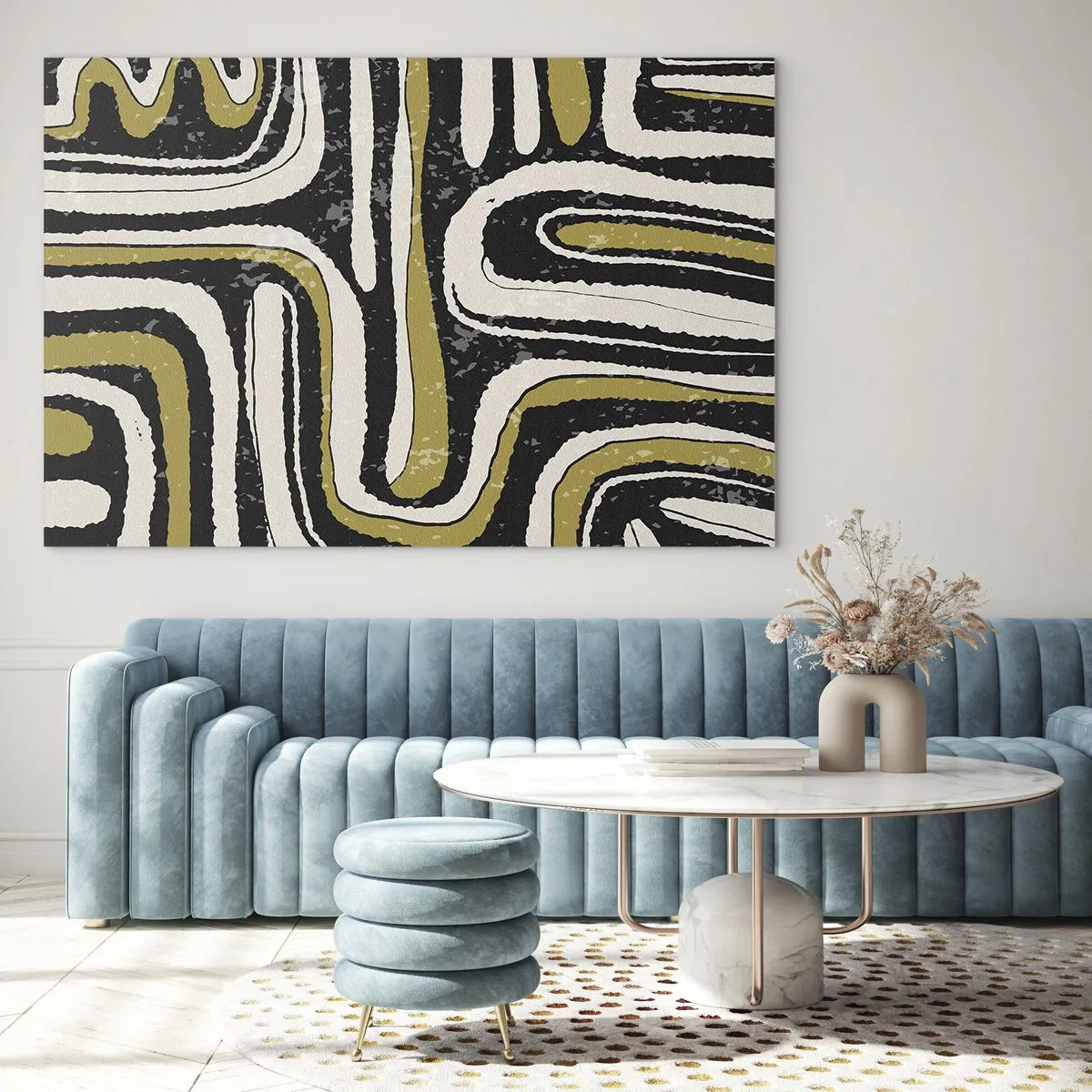 Glastavla - Bild på glas - Abstrakta mönster i svart, vitt och guld - 70x50cm - Komposition: stråk och gränder - Modern väggdekoration för vardagsrum och sovrum ARTTOR