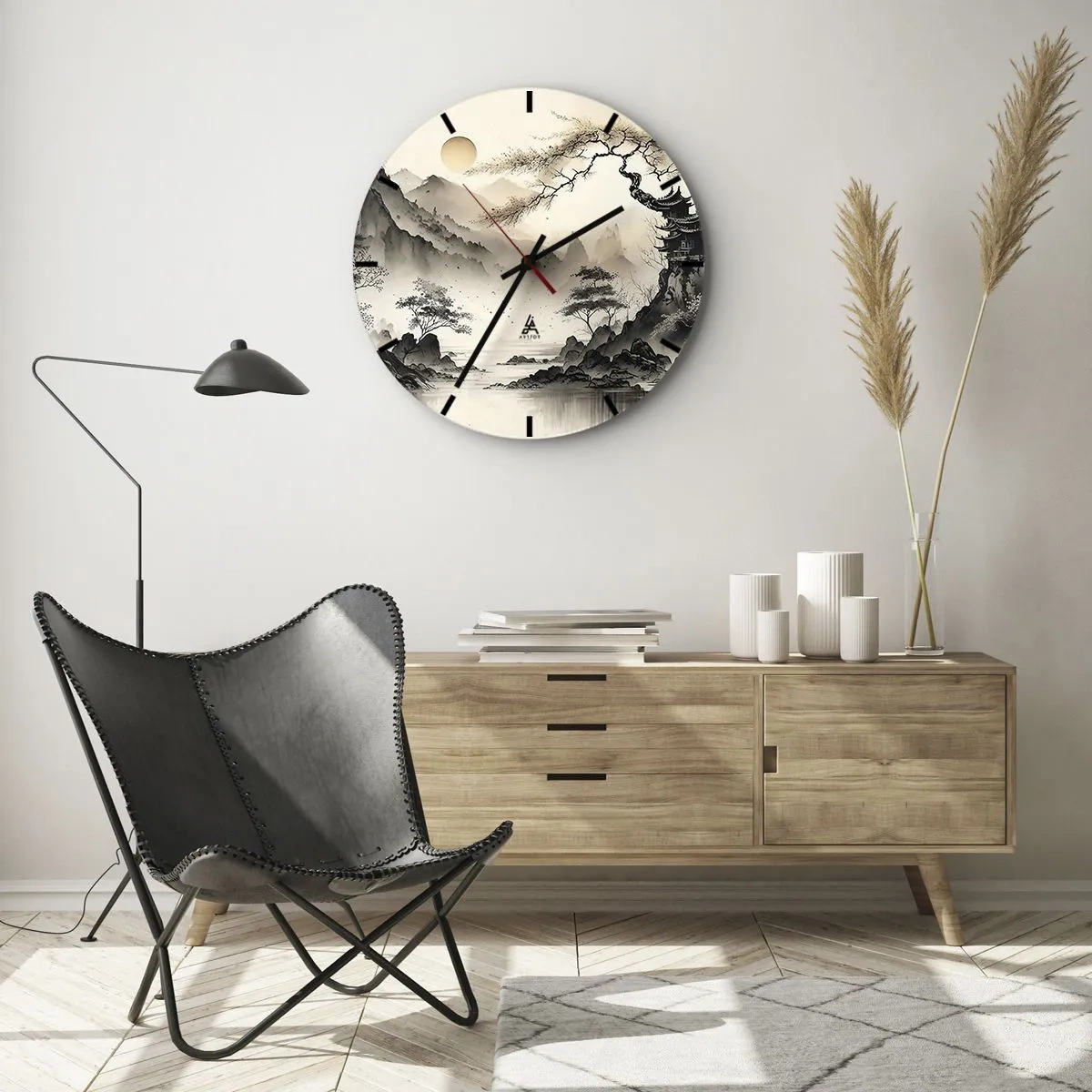 Väggklocka - Klocka på glas - Kinesisk bläckmålning av ett bergslandskap med en pagod och en dimmig dal - 30x30cm - Orientens unika charm - Modern väggdekoration för vardagsrum, kök och sovrum ARTTOR
