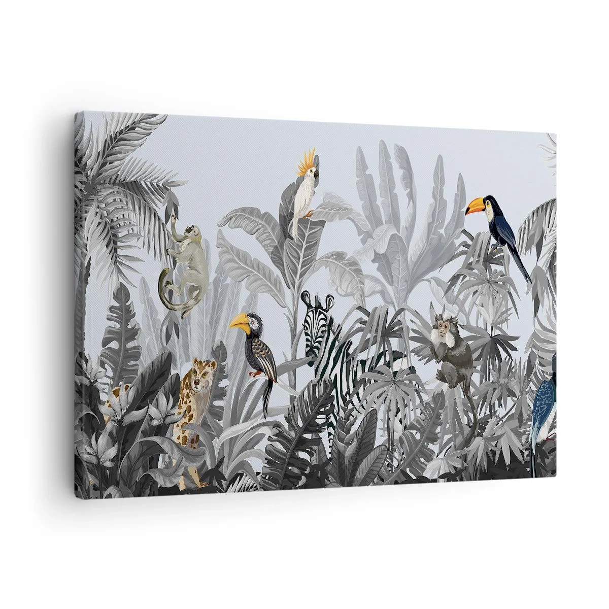 Canvastavla - Bild på duk - Tropisk djungel med exotiska djur på en grå bakgrund - 70x50cm - Afrikansk saga - Modern väggdekoration för vardagsrum och sovrum ARTTOR