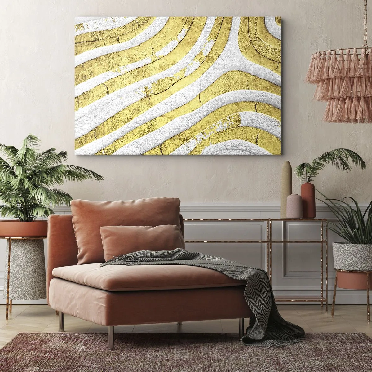 Canvastavla - Bild på duk - Guld- och vita abstrakta linjer i en 3D-textur - 70x50cm - Komposition i vitt och guld - Modern väggdekoration för vardagsrum och sovrum ARTTOR