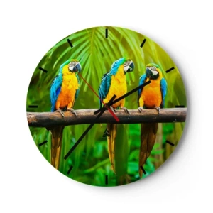 Väggklocka - Klocka på glas - Tre arapapegojor på en gren i en tropisk miljö - 30x30cm - Har du hört att hon...? - Modern väggdekoration för vardagsrum, kök och sovrum ARTTOR