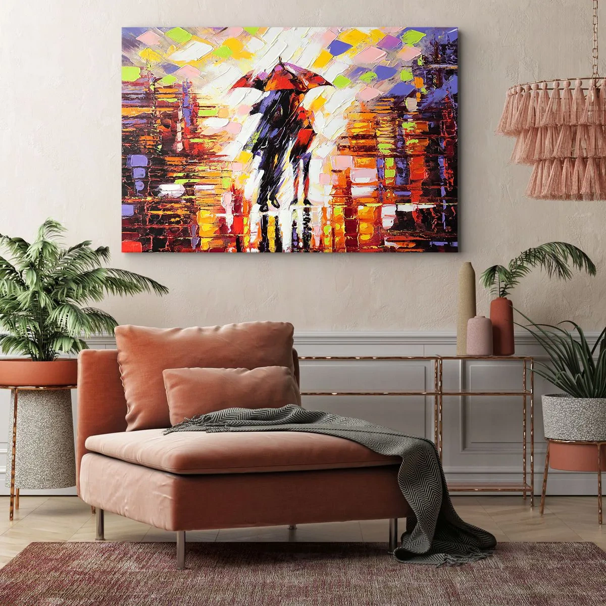 Canvastavla - Bild på duk - En abstrakt scen av en promenad under ett paraply en regnig natt. - 70x50cm - Tillsammans genom natten och regnet - Modern väggdekoration för vardagsrum och sovrum ARTTOR