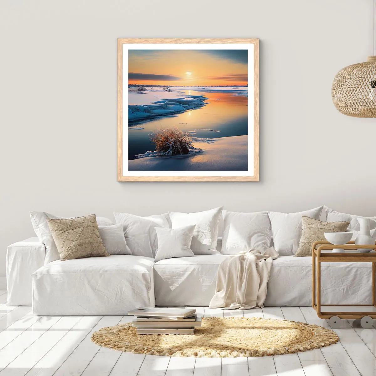 Affisch i ram av ljusek - Vintersolnedgång - 60x60 cm