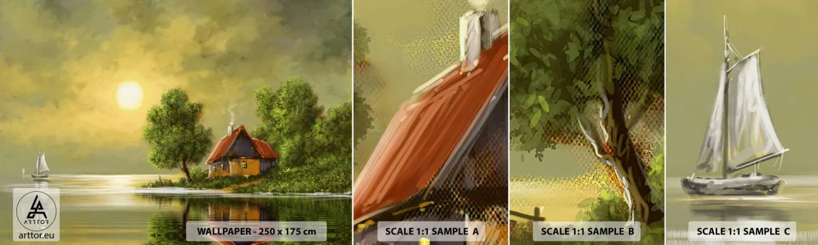 Provbit av självhäftande fototapet Deluxe Sticker - Vackert som från en bild - Landskap, Stuga på landet, Segelbåt - 100x30 cm