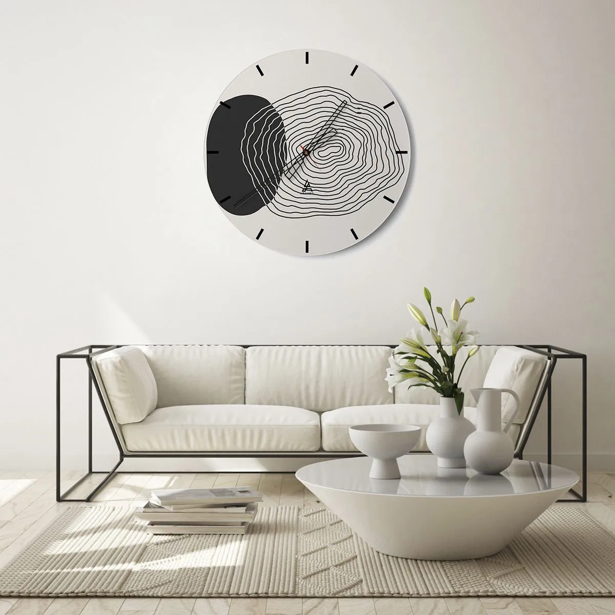 Väggklocka - Klocka på glas - Abstrakta linjer som bildar koncentriska mönster mot en ljus bakgrund. - 30x30cm - Varaktighet och vibration - Modern väggdekoration för vardagsrum, kök och sovrum ARTTOR