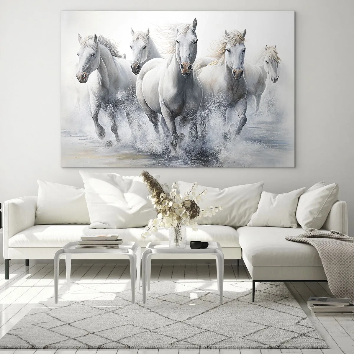 Glastavla - Bild på glas - Vita hästar galopperar genom vatten i en dynamisk komposition - 70x50cm - Vit magi - Modern väggdekoration för vardagsrum och sovrum ARTTOR
