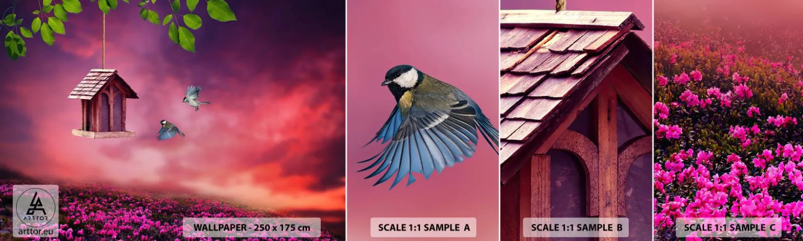 Fototapet Prov Standard Eco - Inbjudan till middag - Landskap, Blommor, Fågelholk - 100x30 cm