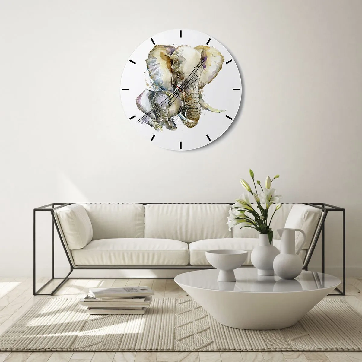 Väggklocka - Klocka på glas - En elefant med en kalv i akvarellstil - 30x30cm - Alltid bäst hos mamma - Modern väggdekoration för vardagsrum, kök och sovrum ARTTOR