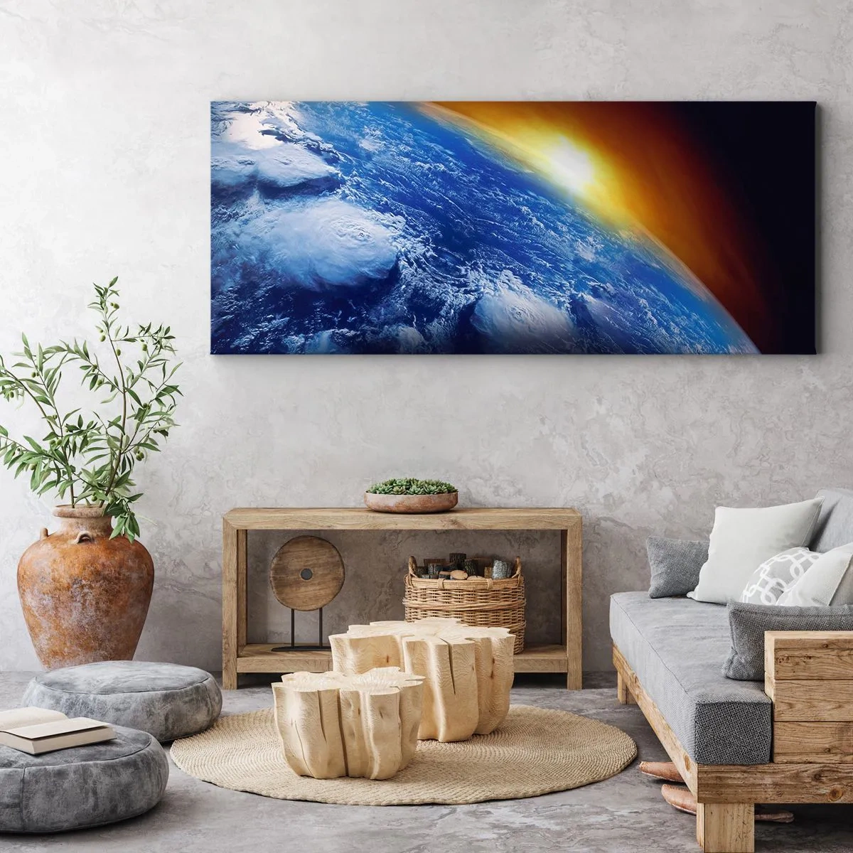 Canvastavla - Bild på duk - Soluppgång över den blåa planeten - 140x50 cm