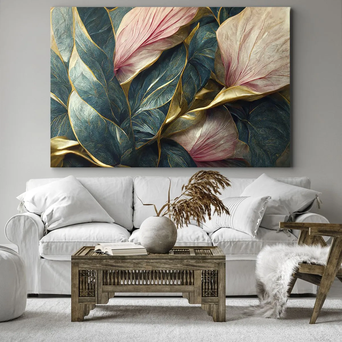 Canvastavla - Bild på duk - Eleganta blad i grönt, guld och rosa - 70x50cm - Naturlig elegans och stil - Modern väggdekoration för vardagsrum och sovrum ARTTOR