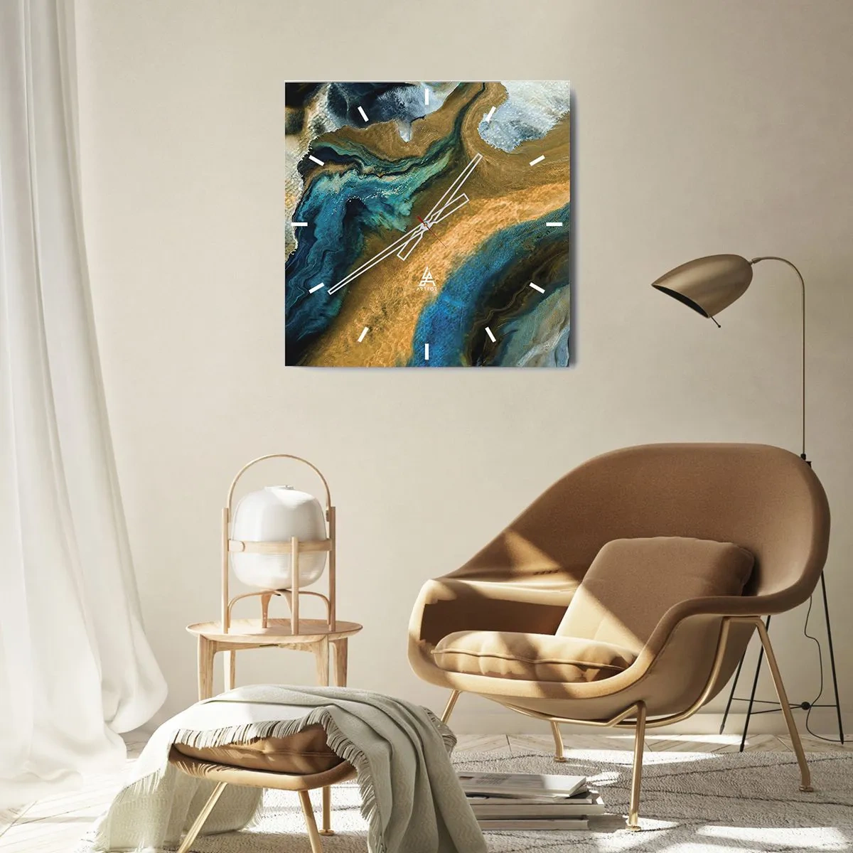 Väggklocka - Klocka på glas - Blå – gul – ömsesidiga influenser - 40x40 cm