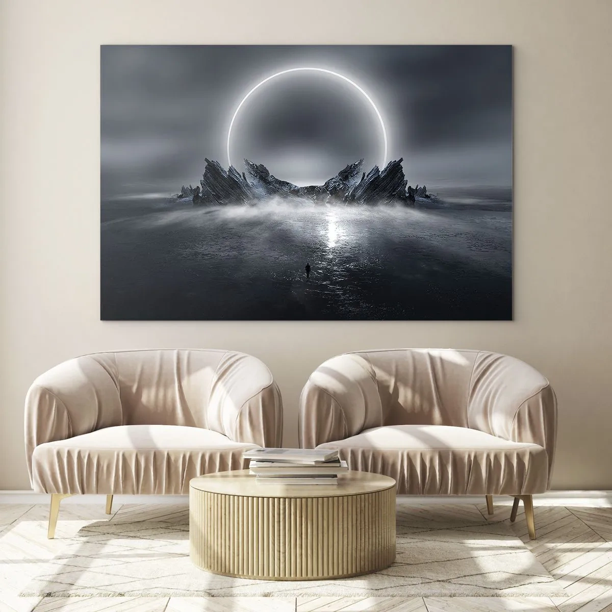 Glastavla - Bild på glas - Mörk scen med förmörkelse och klippö - 70x50cm - En berättelses final - Modern väggdekoration för vardagsrum och sovrum ARTTOR