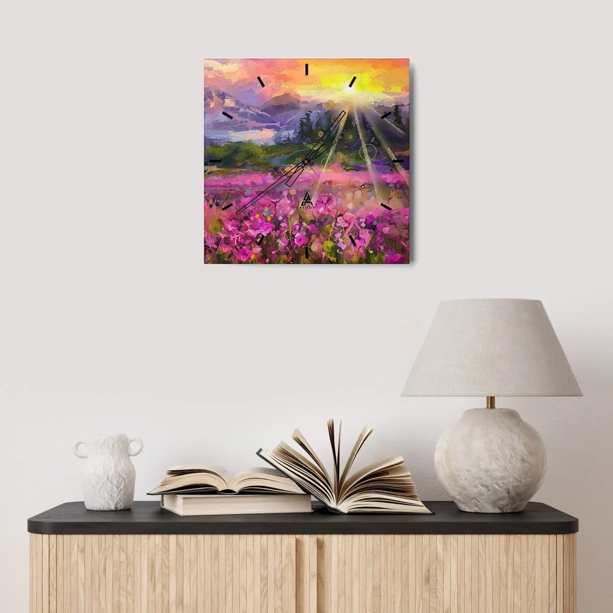 Väggklocka - Klocka på glas - I dalen under solens beskydd - 40x40 cm