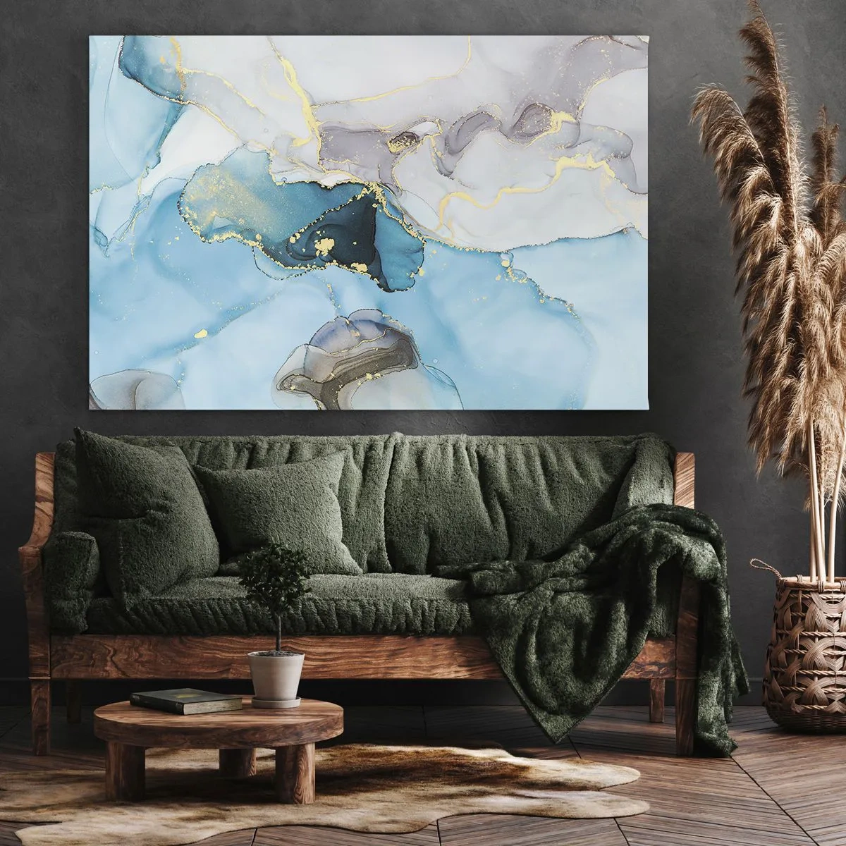 Canvastavla - Bild på duk - Abstraktion i nyanser av blått och guld med subtila linjer - 70x50cm - Studie över mötet mellan grå och turkos - Modern väggdekoration för vardagsrum och sovrum ARTTOR