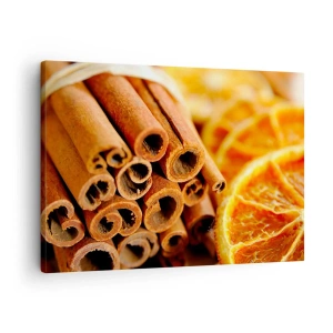 Canvastavla - Bild på duk - Kanelstänger med torkade apelsinskivor i varma färger - 70x50cm - Känner du deras arom? - Modern väggdekoration för vardagsrum och sovrum ARTTOR