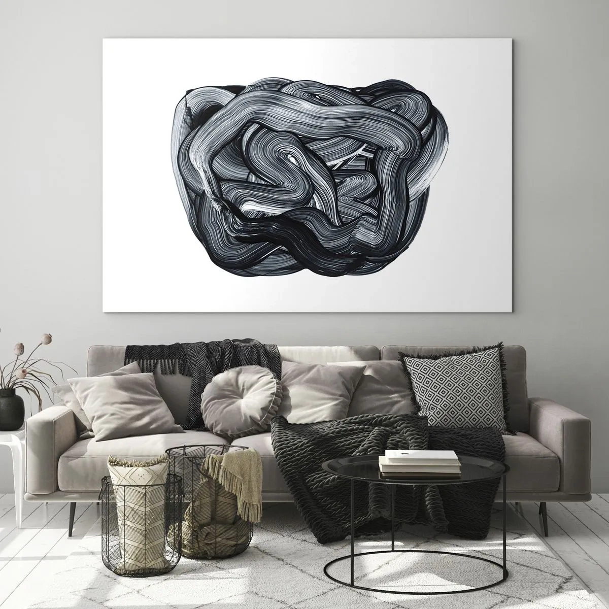 Glastavla - Bild på glas - Svartvit penseldragsabstraktion - 70x50cm - Det är inte så enkelt - Modern väggdekoration för vardagsrum och sovrum ARTTOR