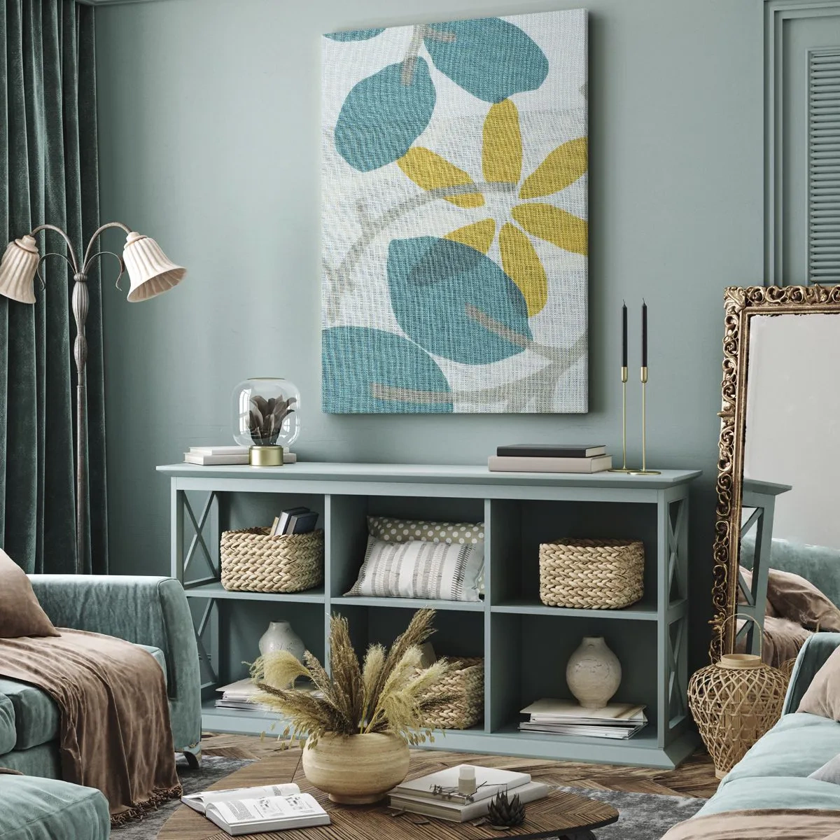 Canvastavla - Bild på duk - Bland azurblå blad - 55x100 cm
