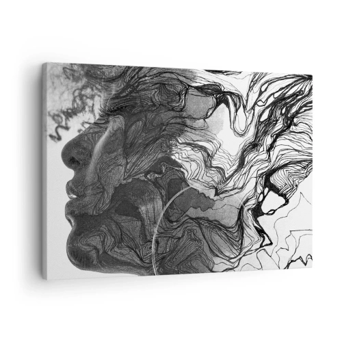 Canvastavla - Bild på duk - Abstrakt ansikte i svartvitt med dynamiska linjer. - 70x50cm - Tilltrasslad i drömmarna - Modern väggdekoration för vardagsrum och sovrum ARTTOR